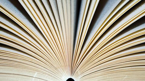 Fächerförmig aufgeschlagenes Buch, von unten fotografiert.